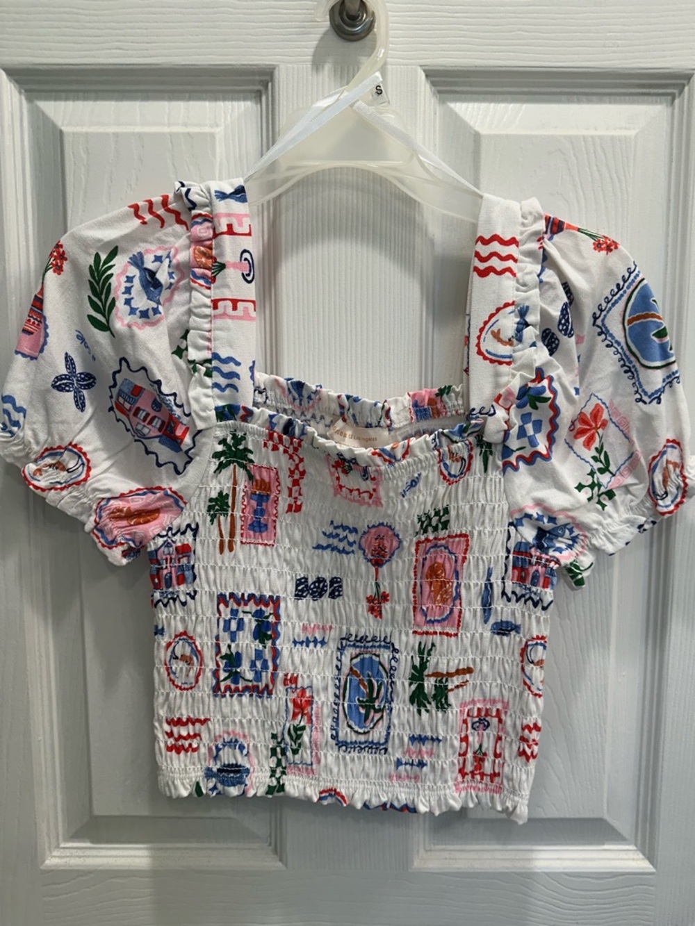New! Smocked Square-Neck Crop Top with Puff Sleeves